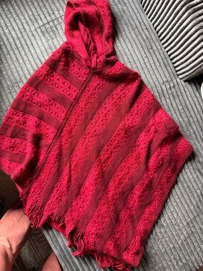 White Mark Red Hooded Knit Poncho with Fringe